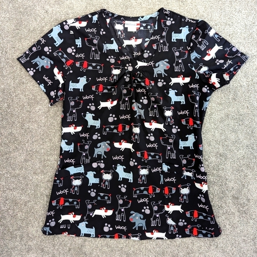 White Cross V neck dog print scrubs size Small